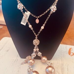 NWT RoseGold and Crystal  Pearl and Tassel  Necklace MKB. qvc